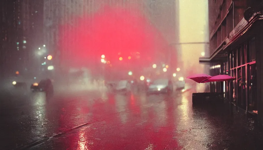Prompt: street of new york photography, night, rain, mist, a umbrella pink, cinestill 8 0 0 t, in the style of william eggleston