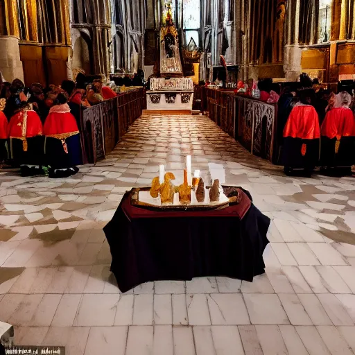 Prompt: Ceremony of a soft ice ice cream on an altar during a Latin Rite Catholic Church Service in a Medieval Cathedral