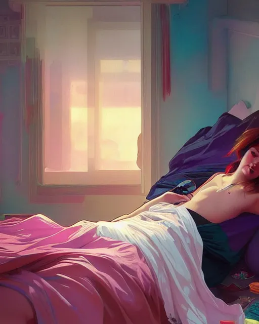 Prompt: emily rajtkowski, emo, posing, vaporwave colors, modern bedroom!!!!!, highly detailed, digital painting, artstation, concept art, smooth, sharp focus, illustration, art by artgerm and greg rutkowski and alphonse mucha