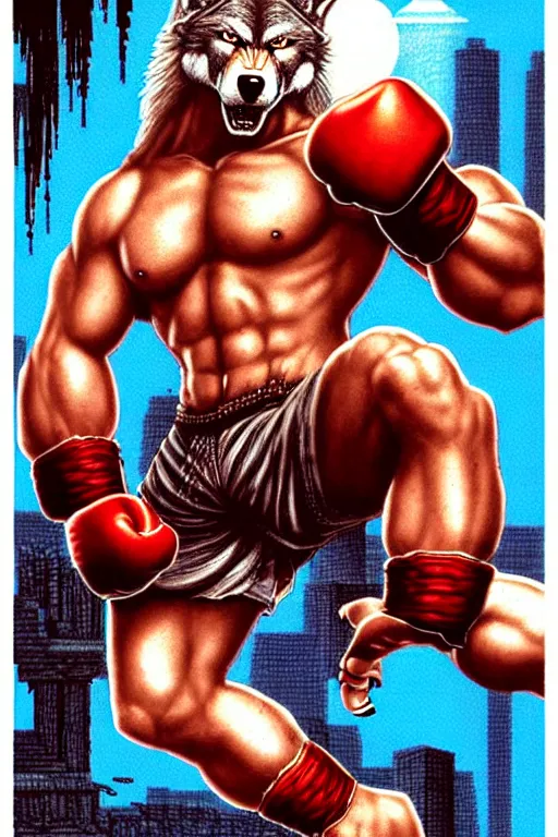 Image similar to extreme long shot. 8 bit nes graphics. antropomorphic muscular masculine wolf. kickboxer fighter, in shorts. wolf head. fine details, very sharp, art from nes game cartridge, vhs, vaporwave, marc simonetti and hermann nitsch