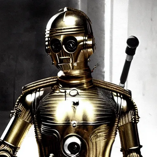 Prompt: ''a film still of C3PO in Star Wars released in 1940s''