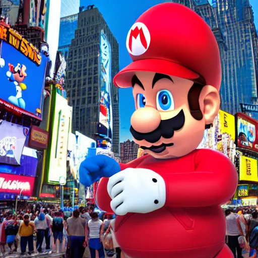 Prompt: Vidrogame character Mario from Mario Bros making a stand up shot in the middlo of times square