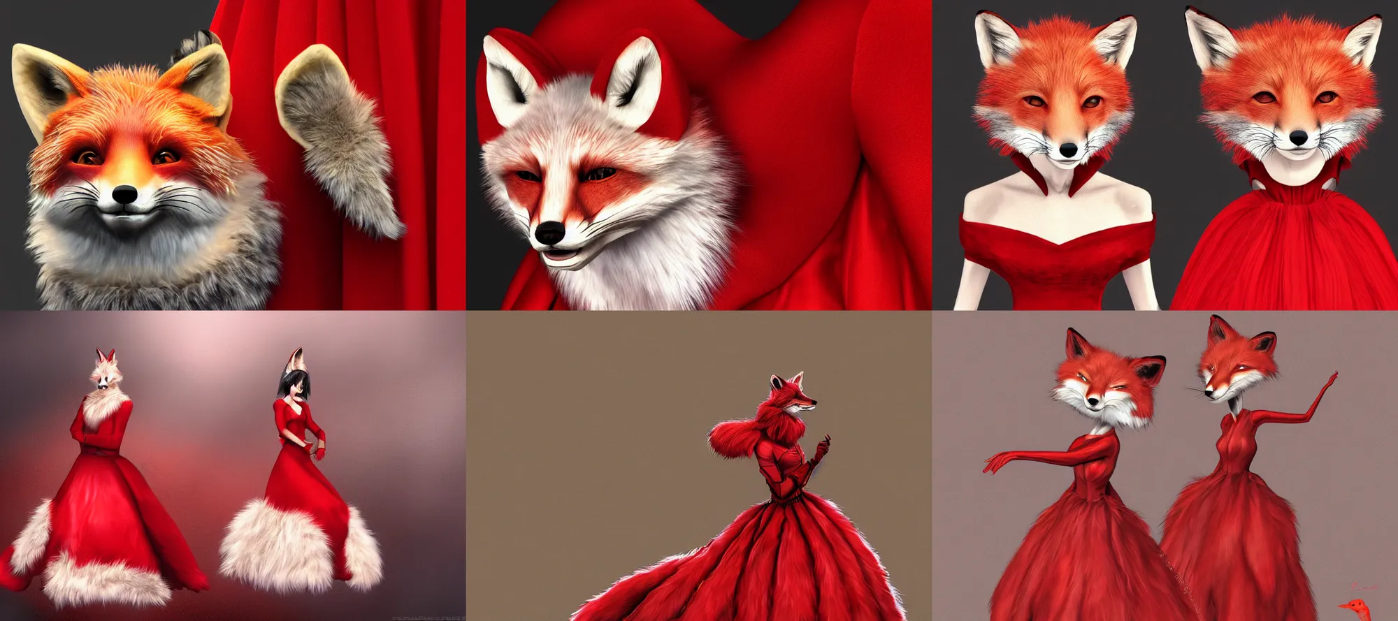 Prompt: high resolution of a keanu reaves anthropomorphic fox ears synthetic fur realistic wearing red ball gown, kardie digital art