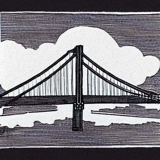 Image similar to small steel suspension bridge built in 1 9 2 8, side view, puffy clouds in background, woodcut style, rubber stamp, 8 k