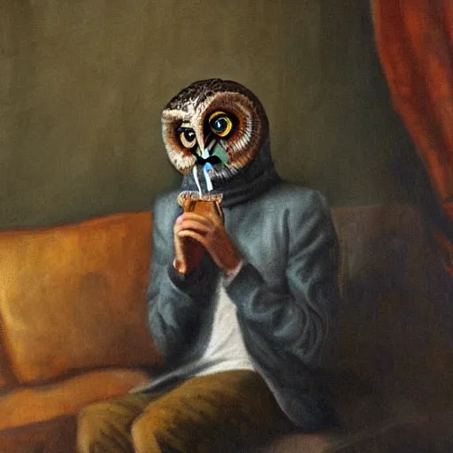 Image similar to portrait of an owl man sitting on a couch smoking a pipe, realistic masterpiece