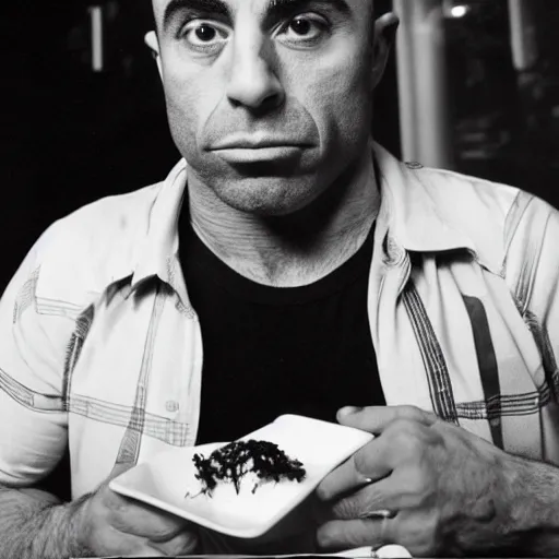 Prompt: joe rogan eating at a macdonalds restaurant, black and white photo by dianne arbus