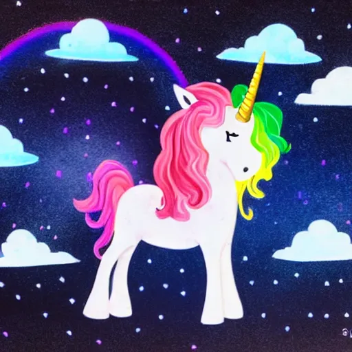 Prompt: a perfectly symmetrical unicorn under a rainbow with stars in the sky