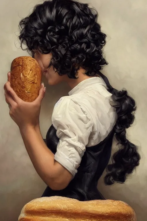 Image similar to beautiful cottagecore of a girl with short black curly hair, round face, cute face, holding a loaf of bread. There's also a black cat on her shoulder. intricate, elegant. highly detailed, digital painting, artstation, concept art, smooth, sharp, focus, illustration. . art by artgerm and greg rutkowski and alphonse mucha