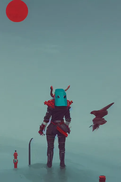 Image similar to female adventurer in tight full - body teal leather armor of japanese design with red accents and a white porcelain crow mask, trending in artstation, japanese, by simon stalenhag, establishing shot