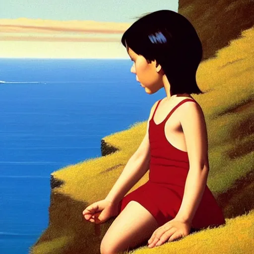 Image similar to asymmetrical, 6 year old girl kneels at edge of cliff facing a gigantic son, by jack vettriano,