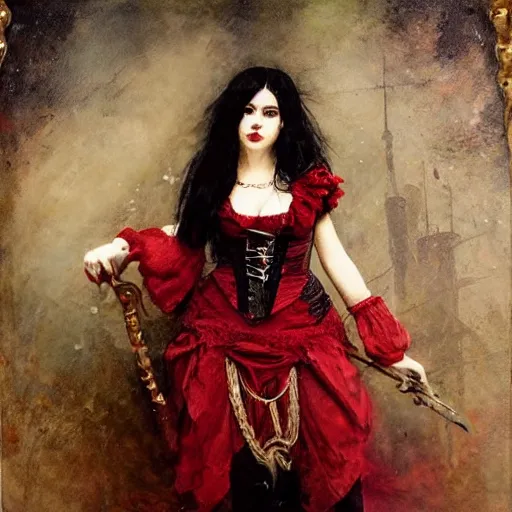 Prompt: Solomon Joseph Solomon and Richard Schmid and Jeremy Lipking victorian genre painting portrait painting of a young beautiful woman punk rock goth girl pirate wench in fantasy costume, red background