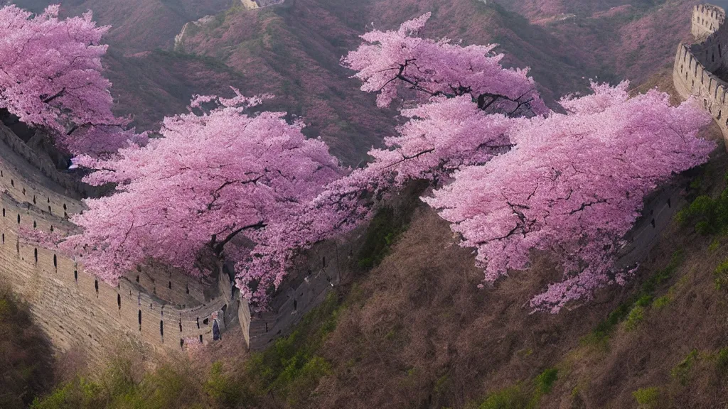 Image similar to arial view of pink cherry blossom trees growing in the great wall of china, andreas achenbach, artgerm, mikko lagerstedt, zack snyder, tokujin yoshioka