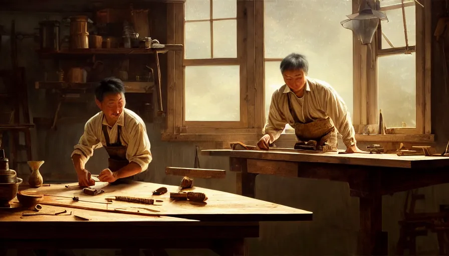 Image similar to highly detailed oil painting | very intricate | cinematic lighting | award - winning | simple carpenter fine craftsman | building a wooden table in their well organized clean workshop | beautiful cinematic light, american romanticism, by huang guangjian, gil elvgren, ruan jia, randy vargas, greg rutkowski, artstation, cgsociety, official art, octane