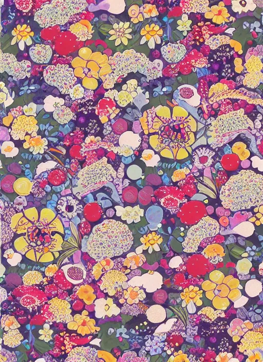 Image similar to multiverse of flowers, garden flowers pattern!!!, berries!!, dragonflies | illustrated by satoshi kon and greg rutkowski, 7 0's vintage sci - fi design