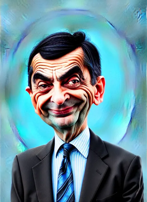 Image similar to highly detailed caricature portrait of mr bean by ross tran, by anato finnstark, brush strokes, 4 k resolution, light blue pastel background