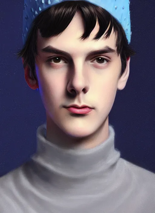 Image similar to portrait of teenage jughead jones wearing a light grey crown, crown, blue turtleneck, 1 9 5 0 s, closed eyes, photorealistic, black hair, glowing lighting, intricate, elegant, glowing lights, highly detailed, digital painting, artstation, concept art, smooth, sharp focus, illustration, art by wlop, mars ravelo and greg rutkowski