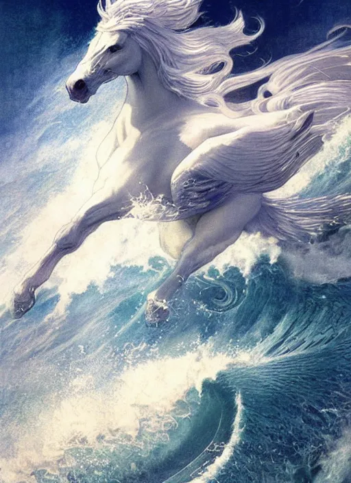 Image similar to pegasus running through ocean wave, exquisite details, denoised, mid view, byi by alan lee, norman rockwell, makoto shinkai, kim jung giu, poster art, game art