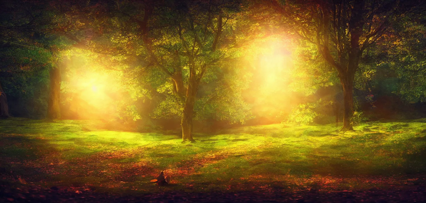 Image similar to landscape, storybook illustration, visual novel, bokeh, cinematic, filmic, glamor shot, cinematic lighting, ray tracing reflections, rtx, woodland, cinematic