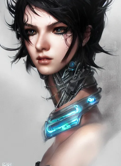 Image similar to teen elf, cyberpunk rigger, black hair, gorgeous, amazing, elegant, intricate, highly detailed, digital painting, artstation, concept art, sharp focus, illustration, art by ross tran