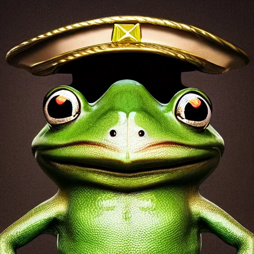 Image similar to an anthropomorphic frog wearing a military uniform, extremely detailed, detailed face, professional lighting, cinematic lighting, cinematic angles