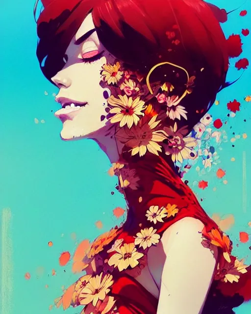 Image similar to a ultradetailed beautiful panting of a stylish woman in a flower dress, by conrad roset, greg rutkowski and makoto shinkai, trending on artstation