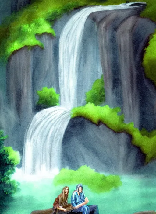 Image similar to wizard sitting next to waterfall in the mountains, trending on deviantart, lord of the rings, detailed