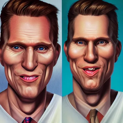 Image similar to Caricature portraits done of Jerma realistic, hyperrealistic, very realistic, highly detailed, very detailed, extremely detailed, detailed, oil painting, digital art, trending on artstation