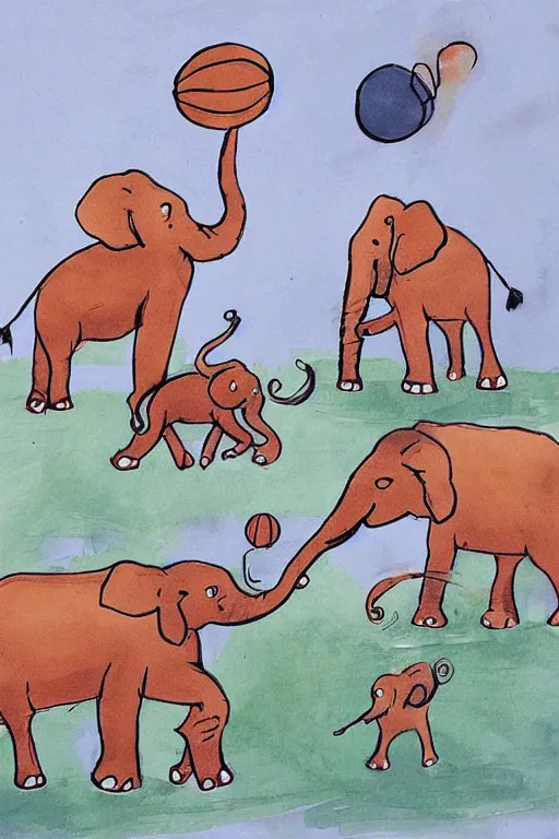 Image similar to elephants playing basketball by quentin blake