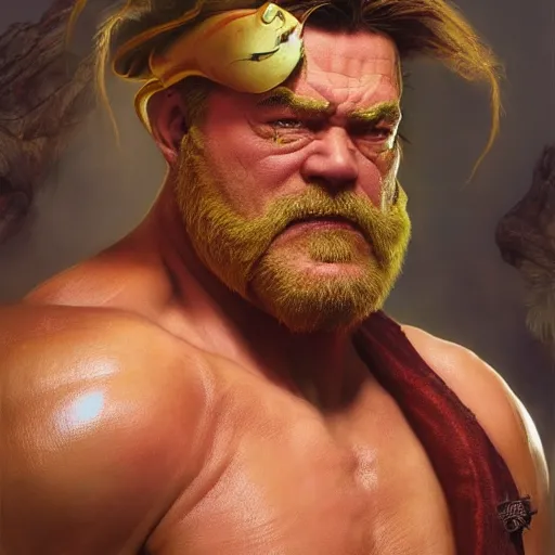 Image similar to david koechner as zangiff from street fighter, flexing, no shirt ultra realistic, concept art, intricate details, eerie, highly detailed, photorealistic, octane render, 8 k, unreal engine. art by artgerm and greg rutkowski and magali villeneuve and alphonse mucha