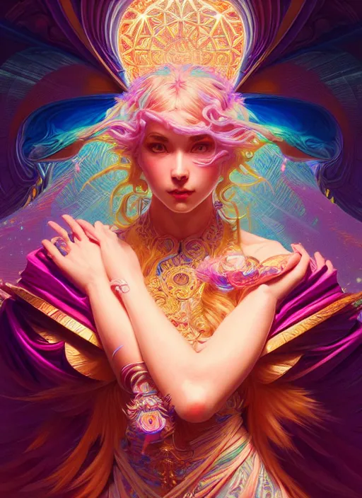 Image similar to hyper detailed ultra sharp of a beautiful sorcerer girl. trending on artstation, vaporwave aesthetic, synthwave, colorful, psychedelic, ornate, intricate, digital painting, concept art, smooth, sharp focus, illustration, art by artgerm and greg rutkowski and alphonse mucha, 8 k