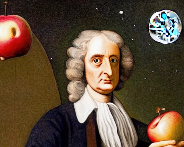 Image similar to isaac newton holding an apple in his hands and looking at the moon