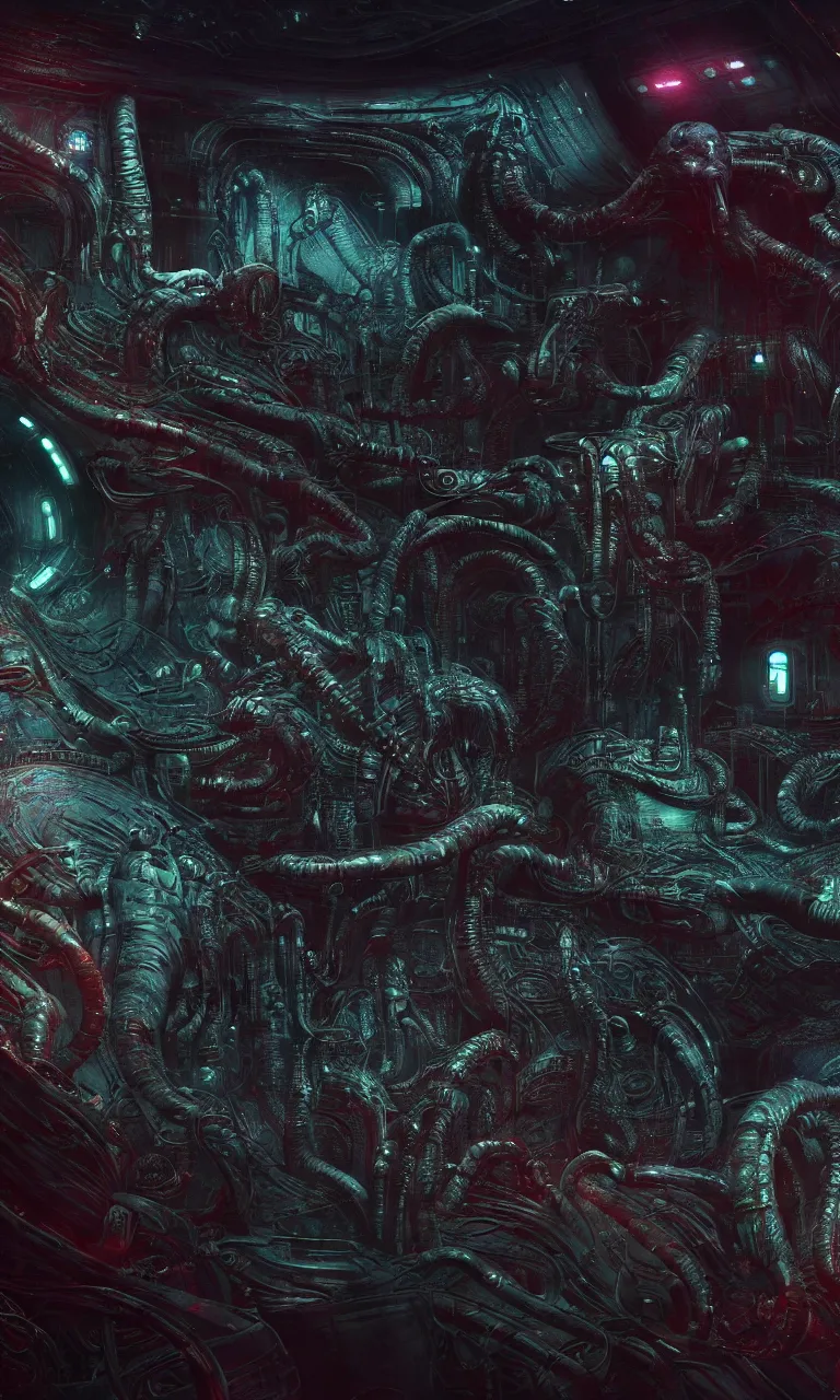 Image similar to Prometheus biological sci-fi environment set close-up, ship control panel close-up, in a nightmarish universe of odd forms and somber tapestry, HR Giger and Vincent Di Fate, vivid color scheme, featured in artstation, octane render, cinematic, elegant, intricate, 8k