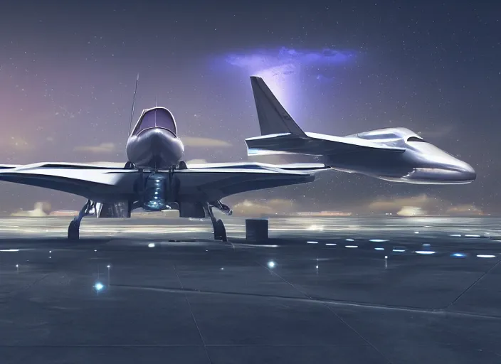 Image similar to futuristic sci fi jet plane arrives at runway of cyberpunk airport at night ,cinematic lighting, realistic photo , concept art