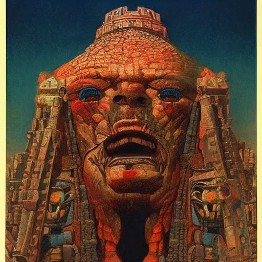 Image similar to giant mayan joe biden!!!!!!!!!!!!!!!!!!!!!!!! with flaming eyes standing over city, perfectly clear face, by j. c. leyendecker and beksinski