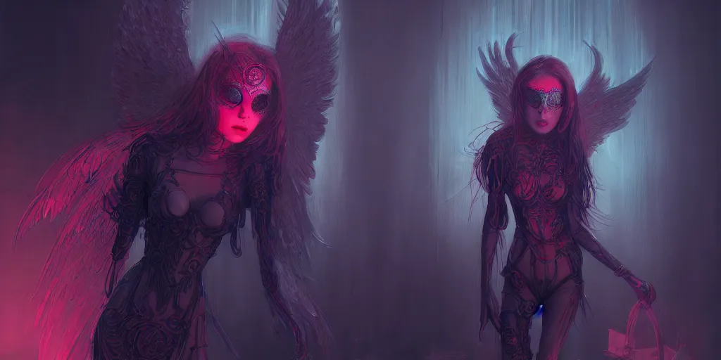 Image similar to alterd carbon, masked angel protecting girl and a woman, vampre the masquerade, neon, detailed intricate render, dark atmosphere, detailed illustration, hd, 4 k, digital art, overdetailed art, surrealistic, by greg rutkowski, by loish, complementing colors, trending on artstation, deviantart