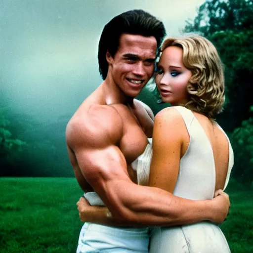 Image similar to portrait shot of young arnold schwarzenegger holding tight in love dancing in the rain with jennifer lawrence beautiful white wet dress, 5 0 mm kodak, beautiful light, best lense, 9 0 s romantic comedy, 4 k