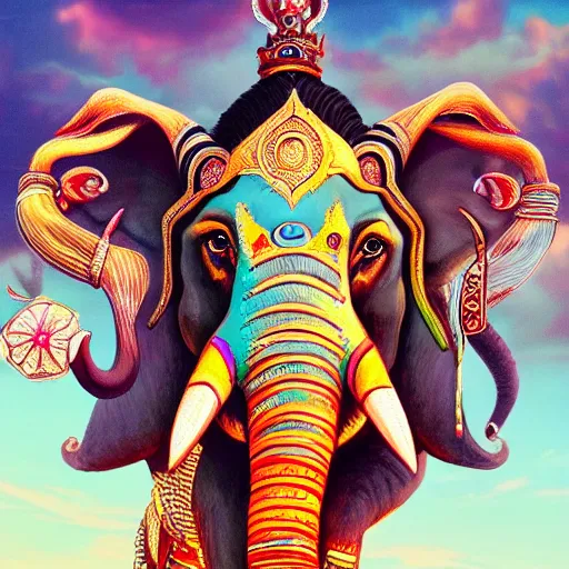 Image similar to lord shiva attaching an elephant head on a human subject, vivid and colorful, cinematic, highly detailed, artstation