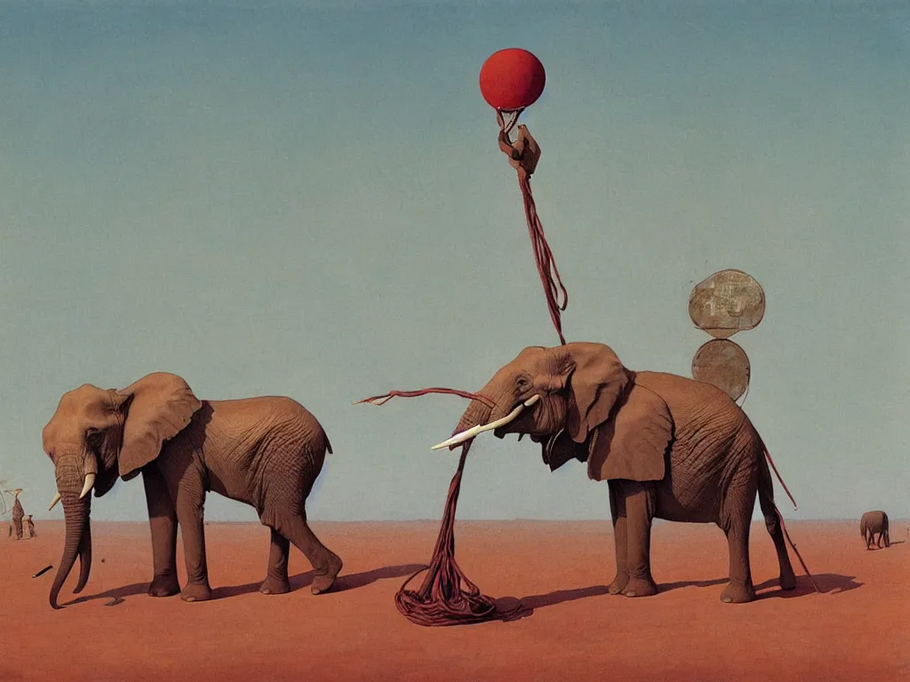 Prompt: Elephant tied to a pole in the desert with giant red mounds. Painting by Moebius, Walton Ford