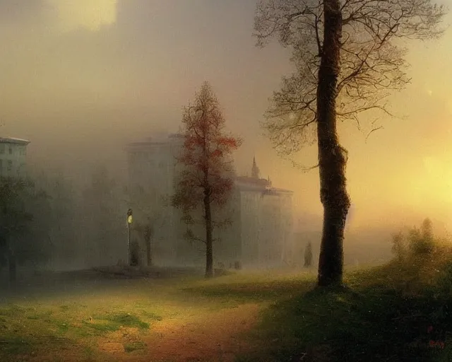 Prompt: beautiful matte painting of cute soviet block of flats hrushevka in end of forest by ivan aivazovsky