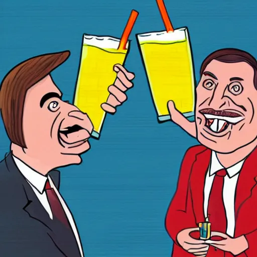 Prompt: cartoon drawing of Bolsonaro and Lula together drinking a lemon drink with Rio de Janeiro mountains on the background