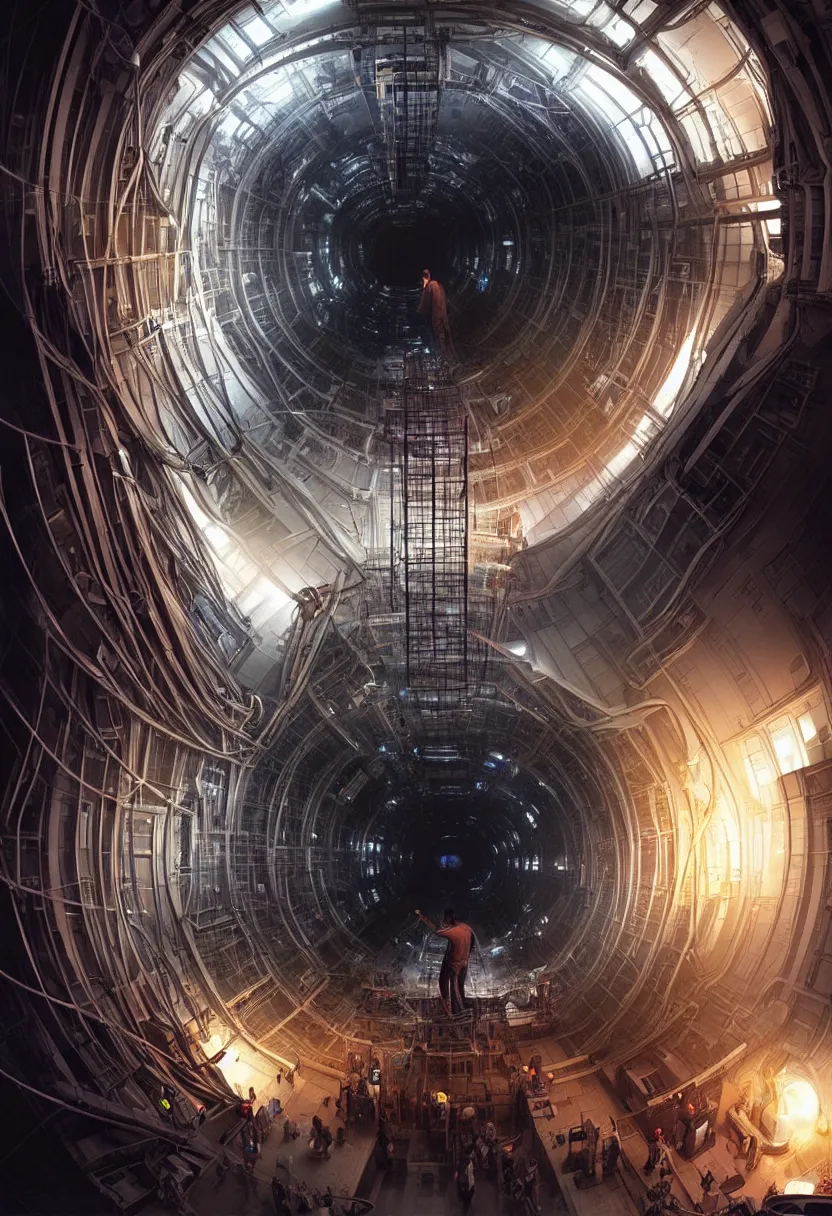 Prompt: man trapped inside cern large hadron collider, pulled apart, ultra high definition, ultra detailed, matte painting, by greg rutkowski and ross tran and wlop