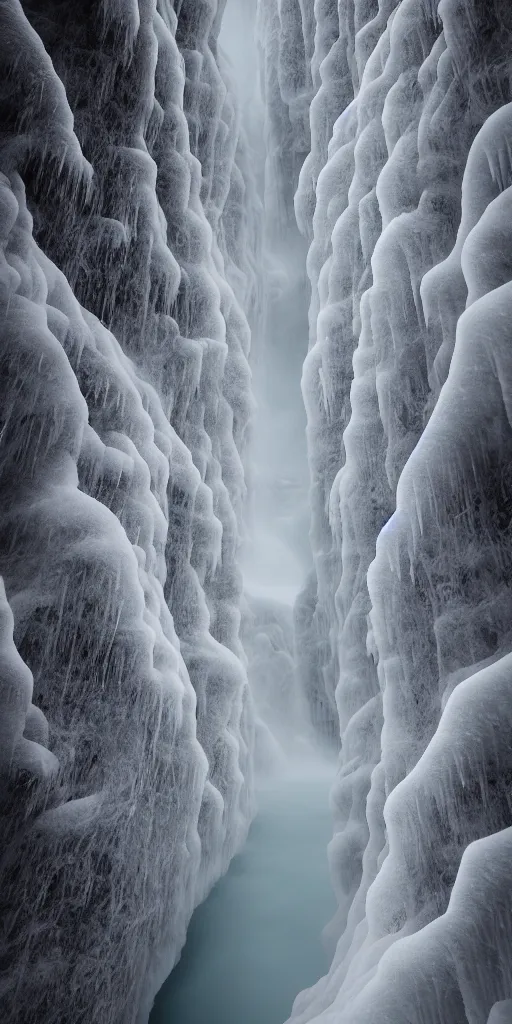 Image similar to dream looking through a hyper realistic photograph of a frozen icy canyon, minimal structure, misty, raining, meditative, timed exposure, icelandic valley, river, in the style of reuben wu, roger deakins