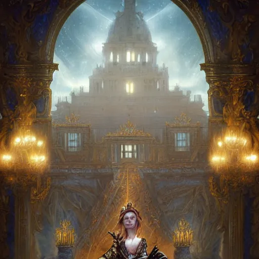 Image similar to a fantasy versailles, symmetric face, hyperrealism, epic fantasy digital art, fantasy style art, by Greg Rutkowski, fantasy magic the gathering card art style