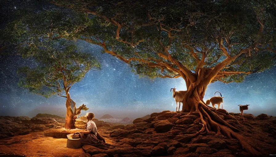 Prompt: very very small goat, sitting on a gigantic banyan tree in moonlit socotra island by ilya kuvshinov, starry night, rtx rendering, octane render 1 2 8 k, maya, extreme high intricate details by tom bagshaw, medium shot, close up shot, composition by sana takeda, lighting by greg rutkowski, midsommar