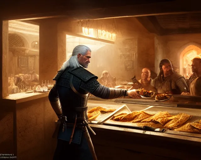 Image similar to 5 5 mm portrait photo of geralt of rivia serving shawarma, in kaer morhen. dark atmosphere. art by greg rutkowski. highly detailed 8 k. intricate. lifelike. soft light. nikon d 8 5 0.