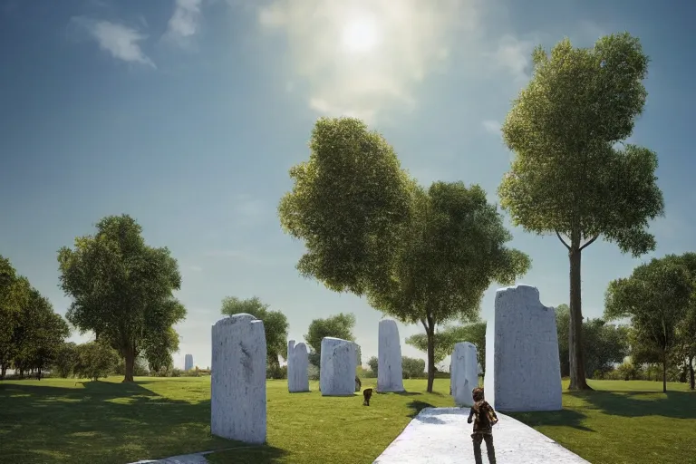 Prompt: White rectangular monoliths with holes, in an open field with white stone pathwalks surrounded by a moat, clear blue skies in the background, by Thomas Kincade, Richard Sigamani, 8k photorealistic, cinematic lighting, HD, high details, concept art, trending on artstation