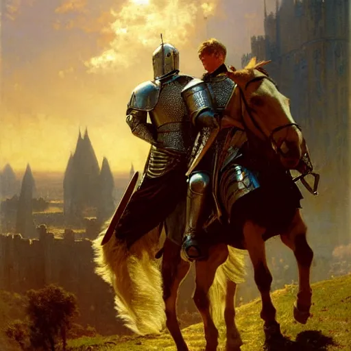 Image similar to attractive arthur pendragon and his attractive male knight, in camelot. highly detailed painting by gaston bussiere, j. c. leyendecker, greg rutkowski, craig mullins 8 k