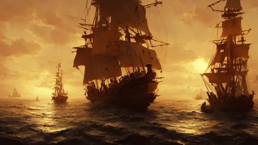 Image similar to a pirate ship, low angle, cinematic, golden hour, by greg rutkowski, artstation, hd, mist