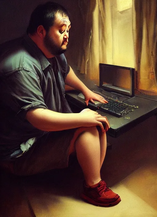 Image similar to insanely detailed chiaroscuro image of a exhausted - looking chubby casually - dressed programmer guy on his knees facing his glowing ultrawide monitor monitor begging it for forgiveness, oil on canvas, masterwork, fine detail, trending on artstation, emotive, insanely compelling, ryden, koons, moebius