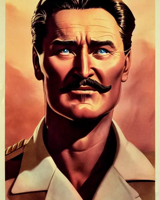 Image similar to Errol Flynn as a scientist. 1980s dystopian Soviet Russia, propaganda screens. Unreal engine, fantasy art by Jesper Ejsing. Faithfully depicted facial expression, perfect anatomy global illumination, radiant light, detailed and intricate environment